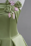 Satin A Line Party Dress With Flowers, Green Long Prom Dress HZ0509
