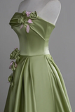 Satin A Line Party Dress With Flowers, Green Long Prom Dress HZ0509
