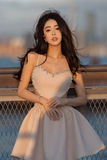 champagne satin short prom dress, cute homecoming dress HZ0509