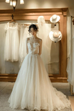 Champagne Tulle Lace Long A Line Strapless Prom Dress HZ0509