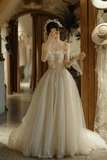 Champagne Tulle Lace Long A Line Strapless Prom Dress HZ0509