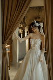 Champagne Tulle Lace Long A Line Strapless Prom Dress HZ0509