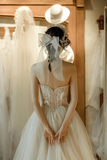 Champagne Tulle Lace Long A Line Strapless Prom Dress HZ0509