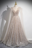 Line Scoop Neckline Tulle Sequin Champagne Long Prom Dress HZ0509