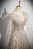 Line Scoop Neckline Tulle Sequin Champagne Long Prom Dress HZ0509