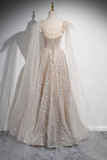 Line Scoop Neckline Tulle Sequin Champagne Long Prom Dress HZ0509