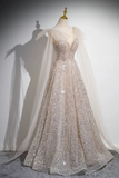 Line Scoop Neckline Tulle Sequin Champagne Long Prom Dress HZ0509