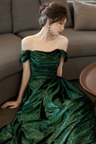 Line Green Off Shoulder Simple Evening Dress, Green Long Prom Dress HZ0509