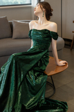 Line Green Off Shoulder Simple Evening Dress, Green Long Prom Dress HZ0509