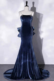 Velvet Spaghetti Strap Long Prom Dress, Mermaid Bow Evening Party Dress HZ0509