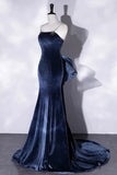 Velvet Spaghetti Strap Long Prom Dress, Mermaid Bow Evening Party Dress HZ0509