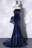 Velvet Spaghetti Strap Long Prom Dress, Mermaid Bow Evening Party Dress HZ0509