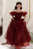 Red Tulle Off Shoulder Long Party Dress, Wine Red Tulle Prom Dress HZ0509
