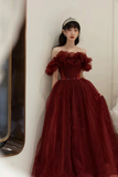 Red Tulle Off Shoulder Long Party Dress, Wine Red Tulle Prom Dress HZ0509