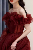 Red Tulle Off Shoulder Long Party Dress, Wine Red Tulle Prom Dress HZ0509
