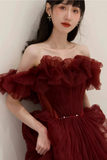 Red Tulle Off Shoulder Long Party Dress, Wine Red Tulle Prom Dress HZ0509