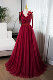 Line V Neck Tulle Burgundy Long Prom Dress, Burgundy Long Evening Dress HZ0509