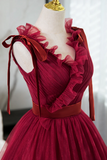 Line V Neck Tulle Burgundy Long Prom Dress, Burgundy Long Evening Dress HZ0509