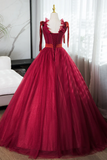 Line V Neck Tulle Burgundy Long Prom Dress, Burgundy Long Evening Dress HZ0509