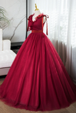 Line V Neck Tulle Burgundy Long Prom Dress, Burgundy Long Evening Dress HZ0509