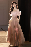 Line Off Shoulder Tulle Sequin Pink Long Prom Dress, Pink Long Formal Dress HZ0509