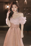 Line Off Shoulder Tulle Sequin Pink Long Prom Dress, Pink Long Formal Dress HZ0509