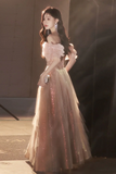 Line Off Shoulder Tulle Sequin Pink Long Prom Dress, Pink Long Formal Dress HZ0509