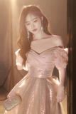 Line Off Shoulder Tulle Sequin Pink Long Prom Dress, Pink Long Formal Dress HZ0509