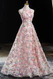 Halter Lace A Line Floor Length Party Dress, Pink Lace Prom Dress HZ0509