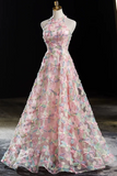 Halter Lace A Line Floor Length Party Dress, Pink Lace Prom Dress HZ0509