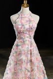 Halter Lace A Line Floor Length Party Dress, Pink Lace Prom Dress HZ0509