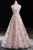 Halter Lace A Line Floor Length Party Dress, Pink Lace Prom Dress HZ0509