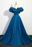 Line Off Shoulder Satin Blue Long Prom Dress, Blue Long Formal Dress HZ0509
