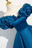 Line Off Shoulder Satin Blue Long Prom Dress, Blue Long Formal Dress HZ0509
