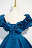 Line Off Shoulder Satin Blue Long Prom Dress, Blue Long Formal Dress HZ0509