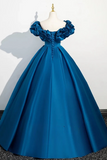 Line Off Shoulder Satin Blue Long Prom Dress, Blue Long Formal Dress HZ0509