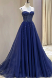 Beaded Sweetheart Tulle A Line Prom Dress, Blue Long Party Dress HZ0509