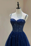 Beaded Sweetheart Tulle A Line Prom Dress, Blue Long Party Dress HZ0509