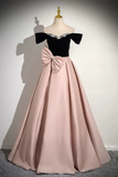 Line Off Shoulder Satin Pink Long Prom Dress, Pink Long Formal Dress HZ0509