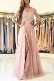 Split Blush Pink Long Sleeve Lace Evening Prom Dresses, Sexy Party Prom Dresses HZ0509
