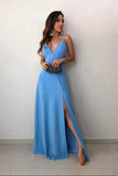 Spaghetti Straps Floor-Length Sky Blue Prom Dress with Split HZ0509