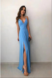 Spaghetti Straps Floor-Length Sky Blue Prom Dress with Split HZ0509