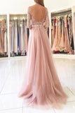 Split Blush Pink Long Sleeve Lace Evening Prom Dresses, Sexy Party Prom Dresses HZ0509