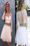 Piece Lace Short Long Sleeve Beading Open Back Homecoming Dress HZ0509