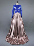 Line Royal Blue Two Piece Long Sleeve Lace Top Prom Dresses HZ0509