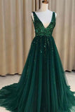 V-nevk V-back Green Tulle Evening Dresses,Cheap Long A Line Prom Dresses HZ0509
