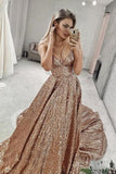Sequin V Neck Long Junior Prom Dresses with Straps HZ0509