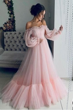 Pink Lace Off Shoulder Fluffy Tulle Long Sleeve Prom Party Maxi Dress HZ0509