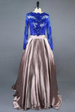 Line Royal Blue Two Piece Long Sleeve Lace Top Prom Dresses HZ0509